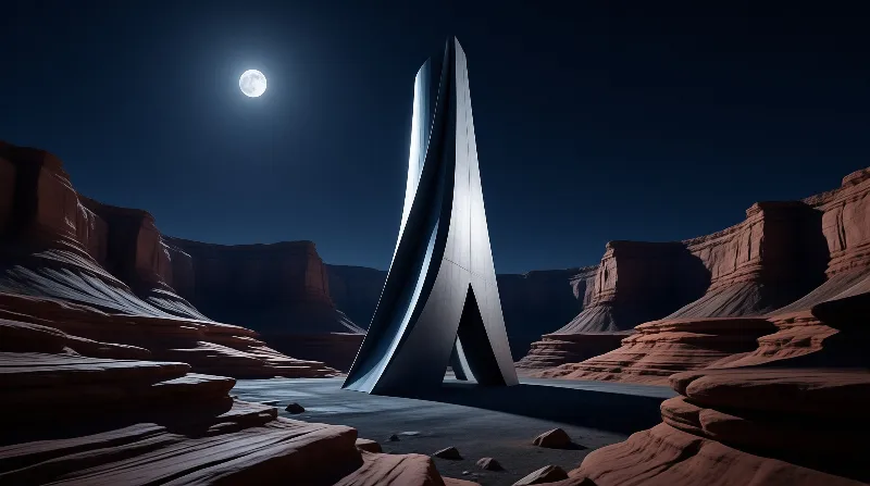 A sleek curved tower rises from a rocky canyon floor while a full moon glows over red mesa cliffs.