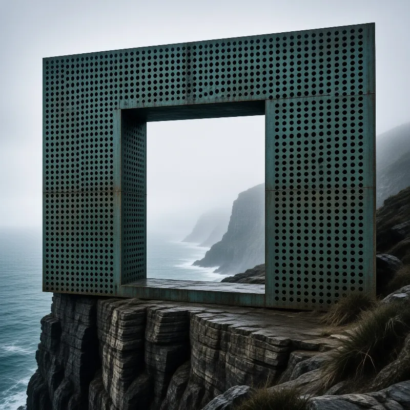 A rust flecked metal rectangle of perforated panels stands on layered rock, framing sea mist.