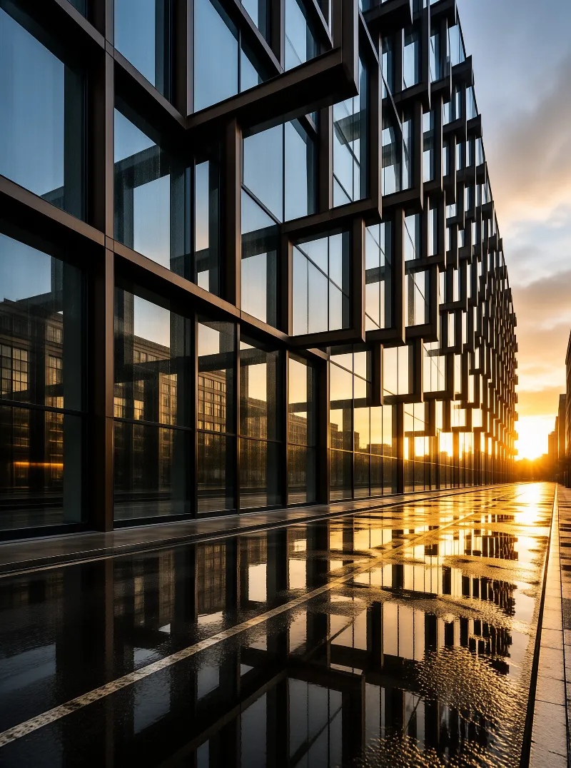 A modern glass structure with protruding frames reflects the orange sunset sky onto wet pavement creating a mirror image.