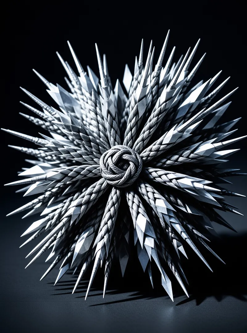 A spherical artifact covered in sharp silver spikes with a twisted knot at its center set against a dark background.