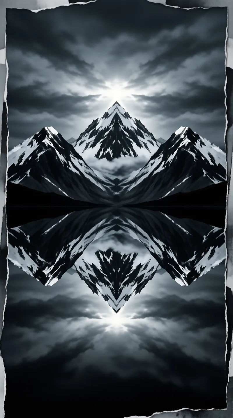 Black and white mountain summits form a symmetrical reflection across a calm mirror lake.