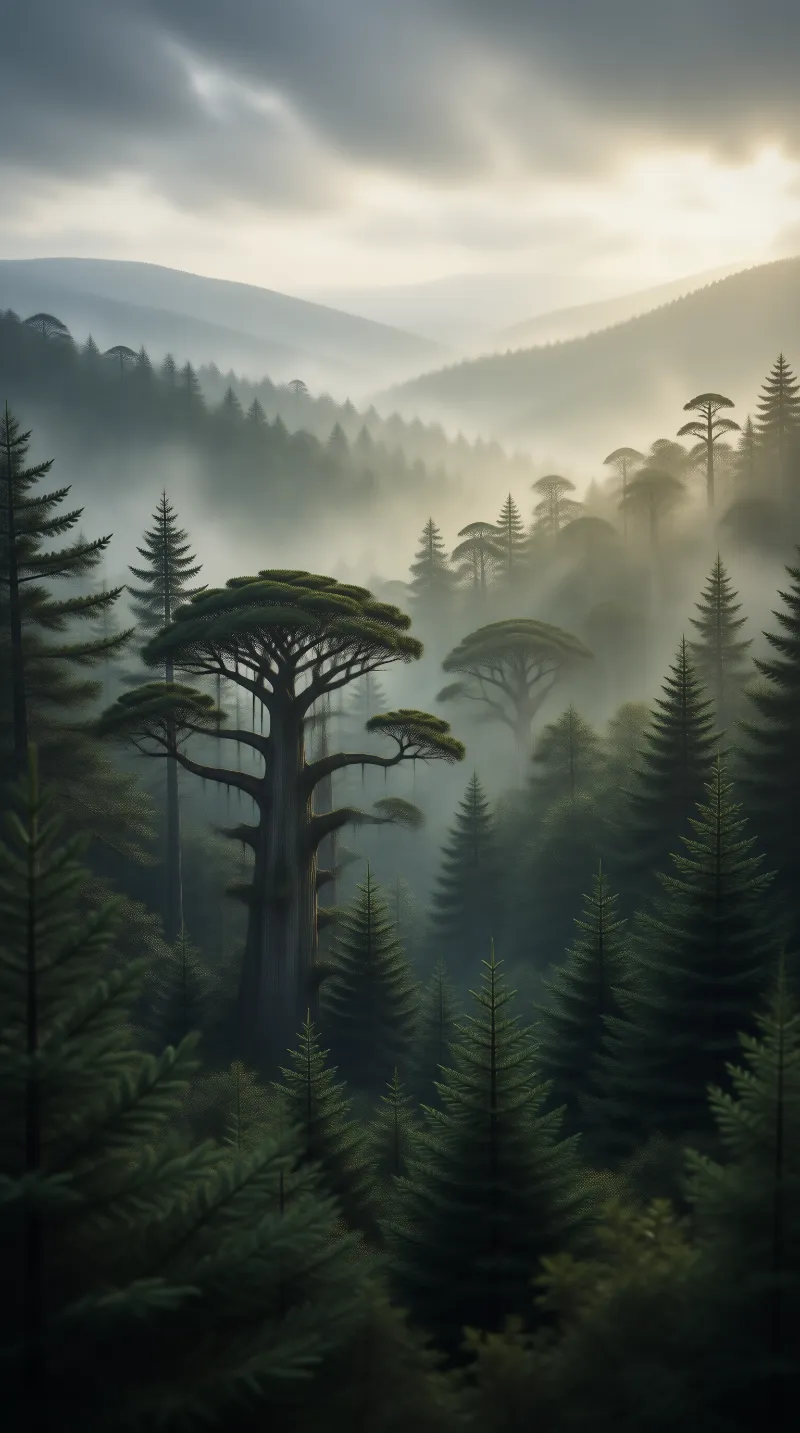 Misty Conifer Landscape