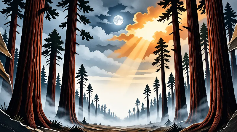 Tall sequoia trunks frame a foggy forest floor while beams of golden sunlight pierce through the cloudy sky near a full moon.