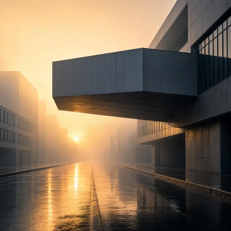 A concrete building with a prominent cantilever overlooks a wet street at sunrise, where golden light glows through mist and reflects on the pavement