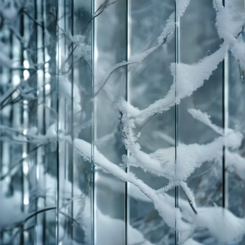 Thick layers of white snow cling to delicate twigs situated behind vertical metal bars.