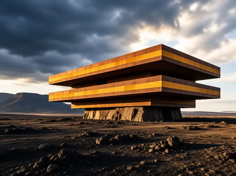 A tiered building with golden stripes stands on rocky desert terrain under a stormy sky with sunlit clouds.