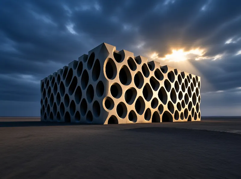Sunlight warms one face of a concrete pavilion pierced with organic oval openings beneath dark clouds.