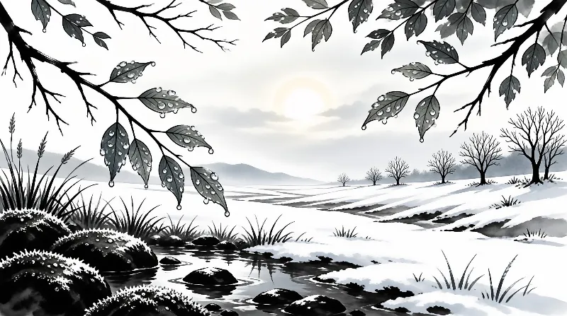 Monochrome illustration of a winter scene showing a partially frozen stream with rocks and drooping leaves framing the view.