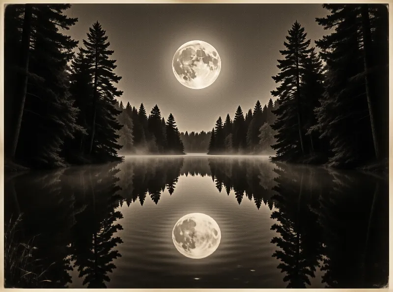 A full moon and its perfect mirror reflection float above a calm misty lake framed by dark silhouetted evergreen trees