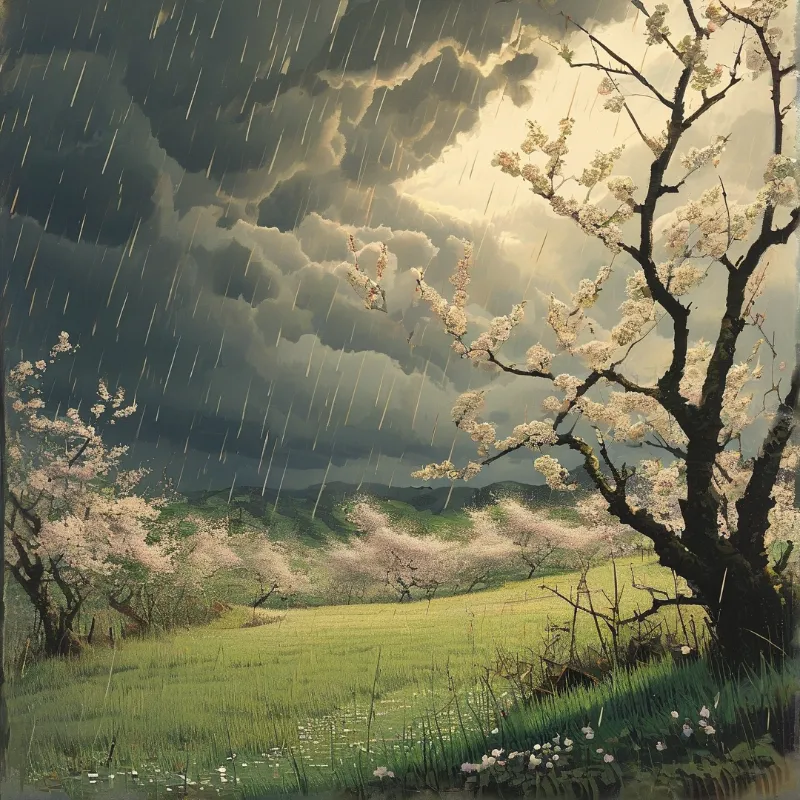 White blossoming trees line a green grassy valley beneath dark storm clouds with rain streaks and light breaking through.