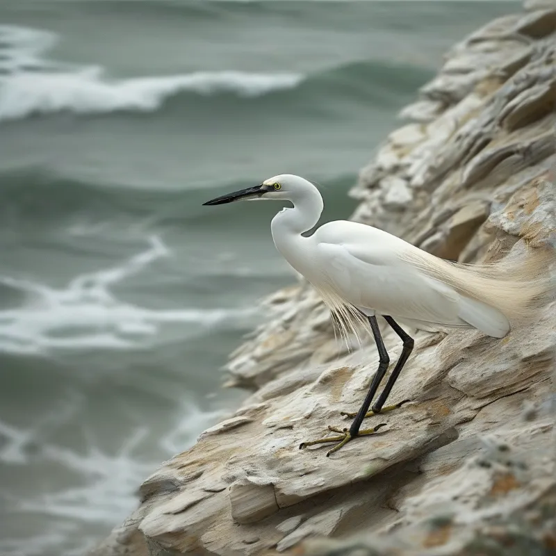 A white egret with long plumes stands on a layered rock shelf while grey ocean waves crash in the blurred background.