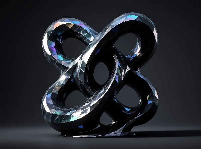A twisted glass object with faceted surfaces reflects colorful light against a dark gray background.
