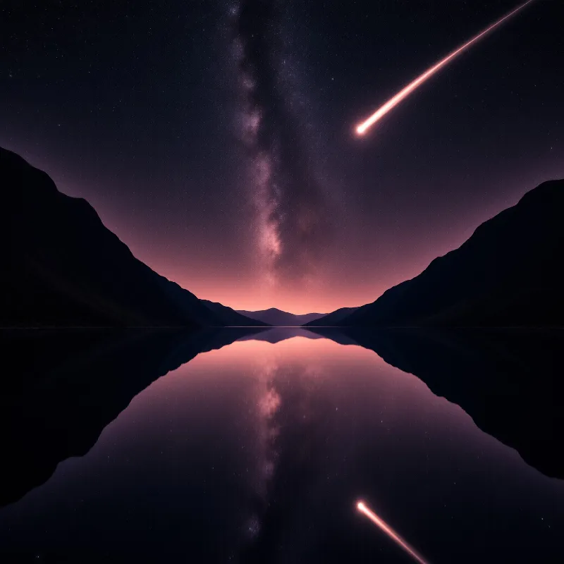 A bright meteor streaks across a starry purple sky above dark mountains and a calm lake reflecting the celestial view.