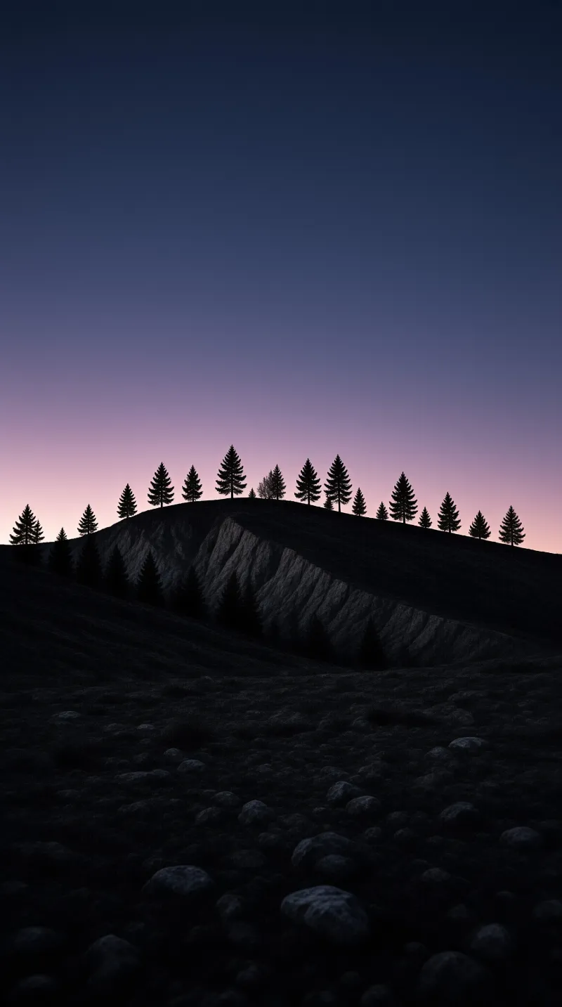 A line of dark coniferous trees stands along the ridge of a rocky hill while the sky transitions from deep blue to soft purple near the horizon during twilight.
