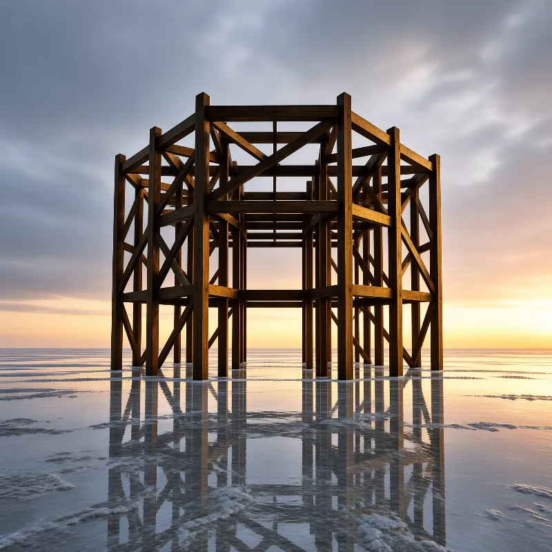 A wooden cabin frame stands alone in shallow water reflecting the warm colors of a sunset sky.