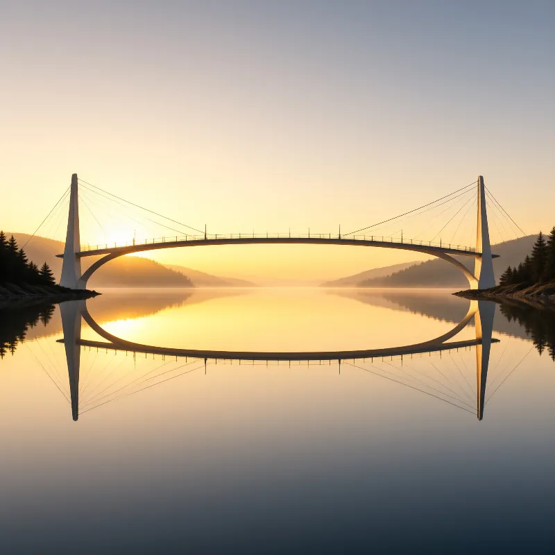 A slender white cable-stayed span curves over mirror-flat water at dawn, completing an oval with its own reflection.