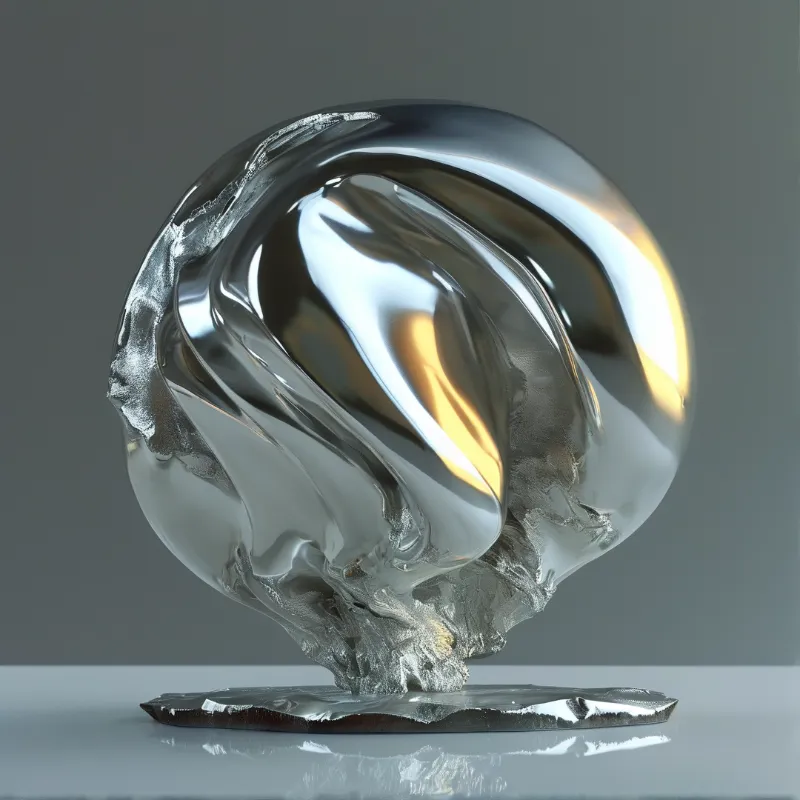 A rippled metallic sphere rests on a glossy silver base reflecting warm golden light against a plain gray background