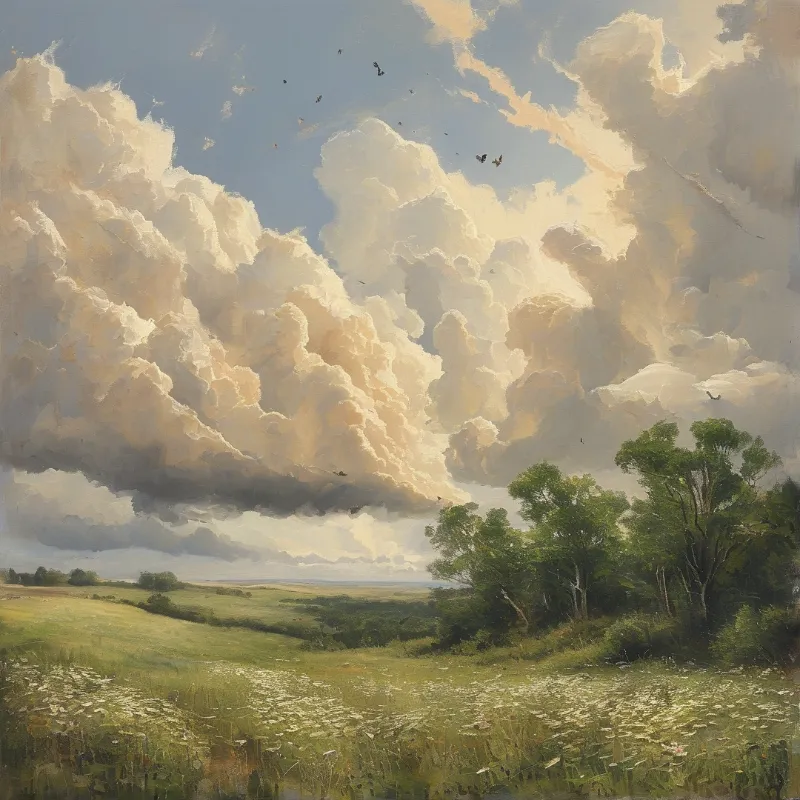 A wide meadow stretches beneath towering white clouds lit warm by afternoon sun with a cluster of trees at the right edge.