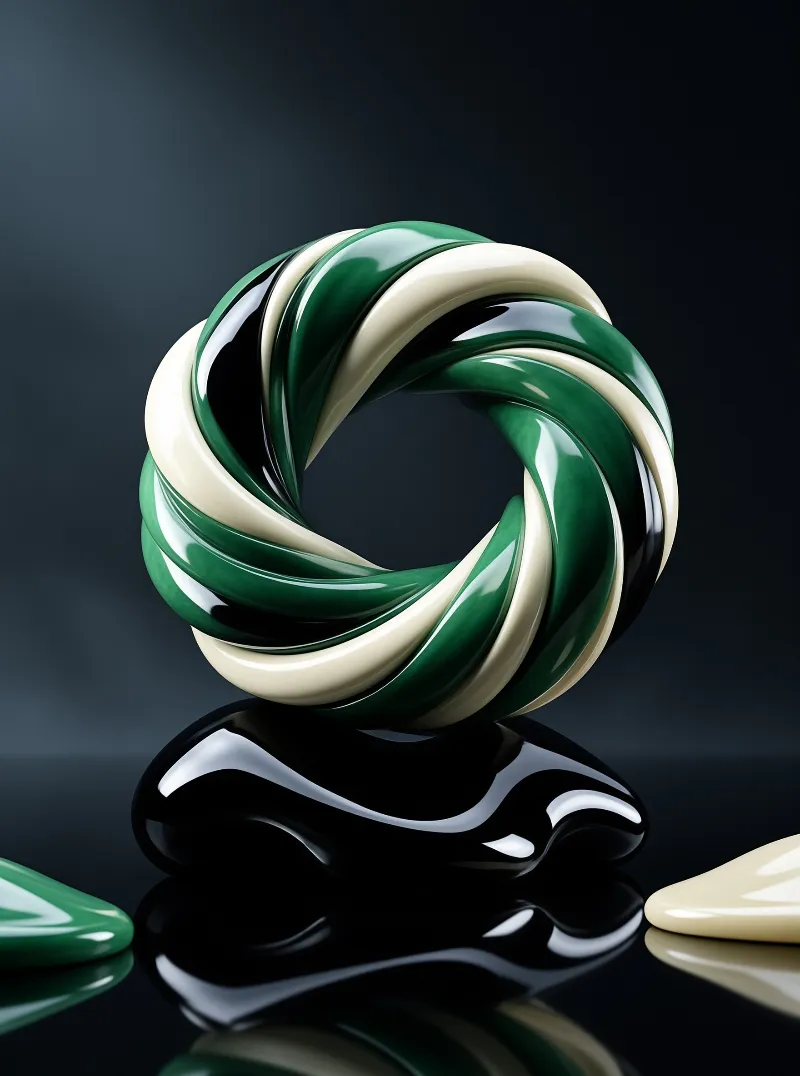 A twisted green and cream torus rests on a shiny black surface casting sharp reflections.
