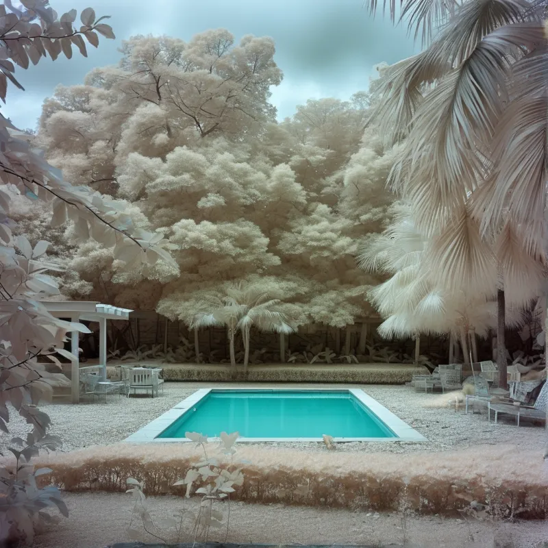 A turquoise swimming pool sits in a gravel garden surrounded by dense trees with white pale inverted color foliage.