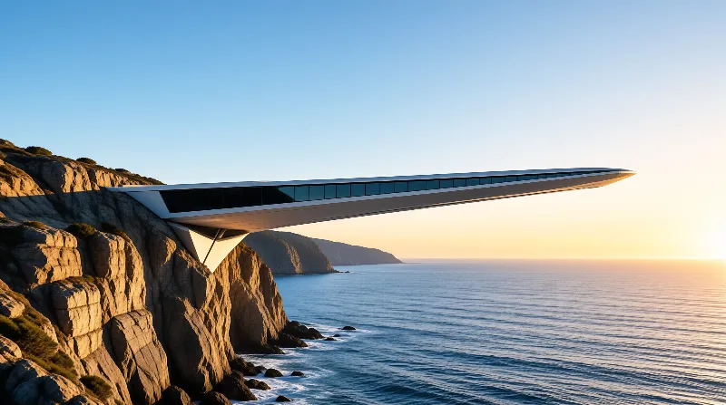 A sleek white architectural overhang juts from a rugged cliff face illuminated by golden sunrise light over the sea.