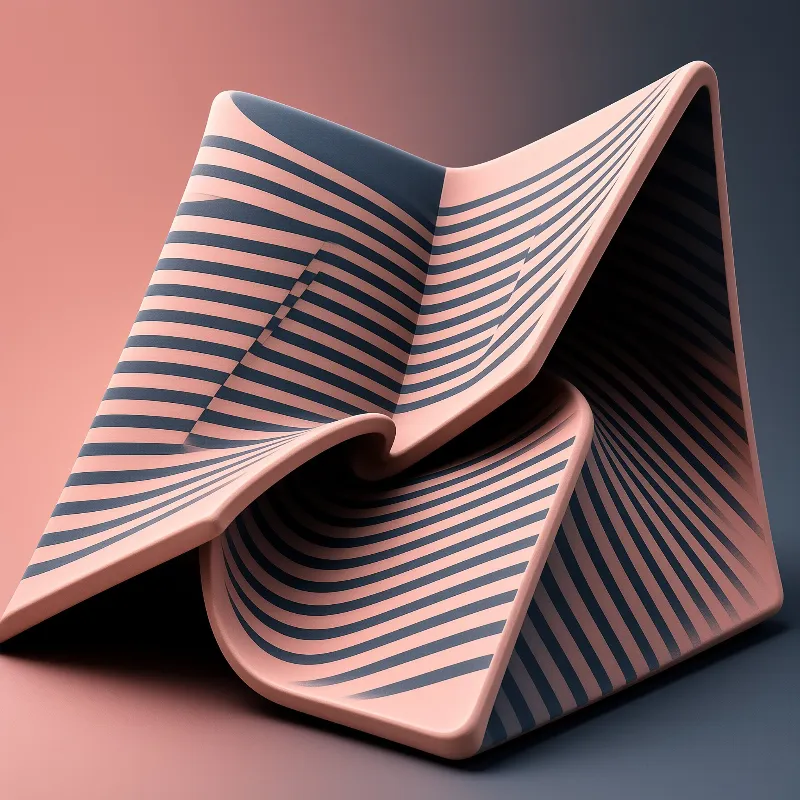 A twisting geometric form displays alternating pink and dark blue stripes under soft studio lighting.
