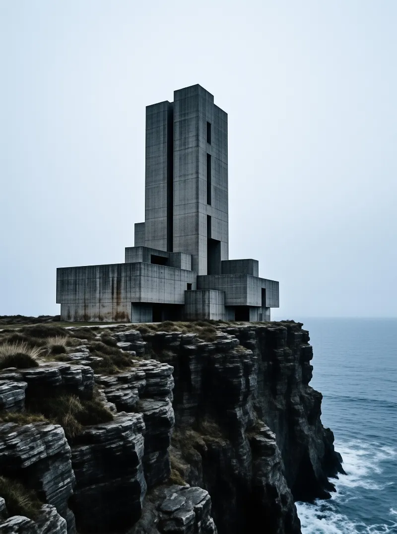 A tall grey concrete building with vertical slits stands on a grassy cliff overlooking the ocean under a cloudy sky.