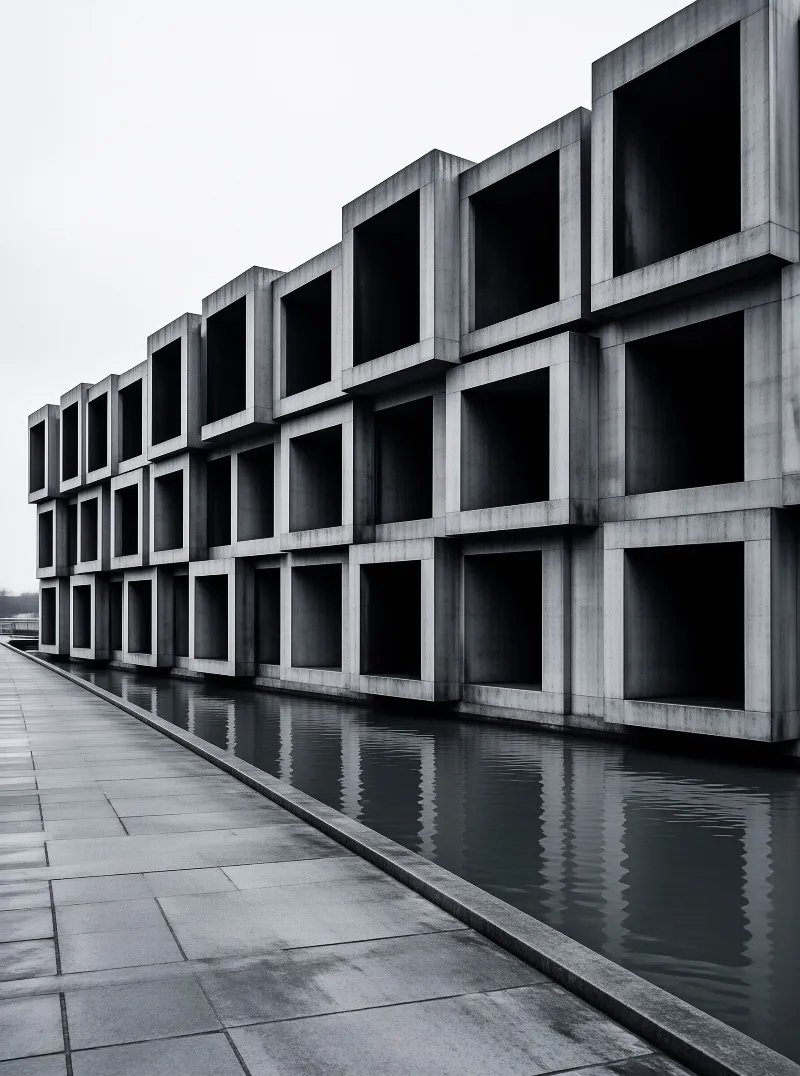 Rows of square niches step along a grey concrete wall above a narrow pool, their dark openings repeated in the rippling water