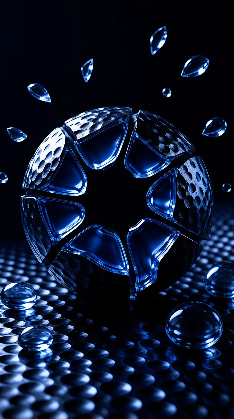 Blue translucent segments form a ring hovering above a dark grid of glowing dots with scattered droplets.