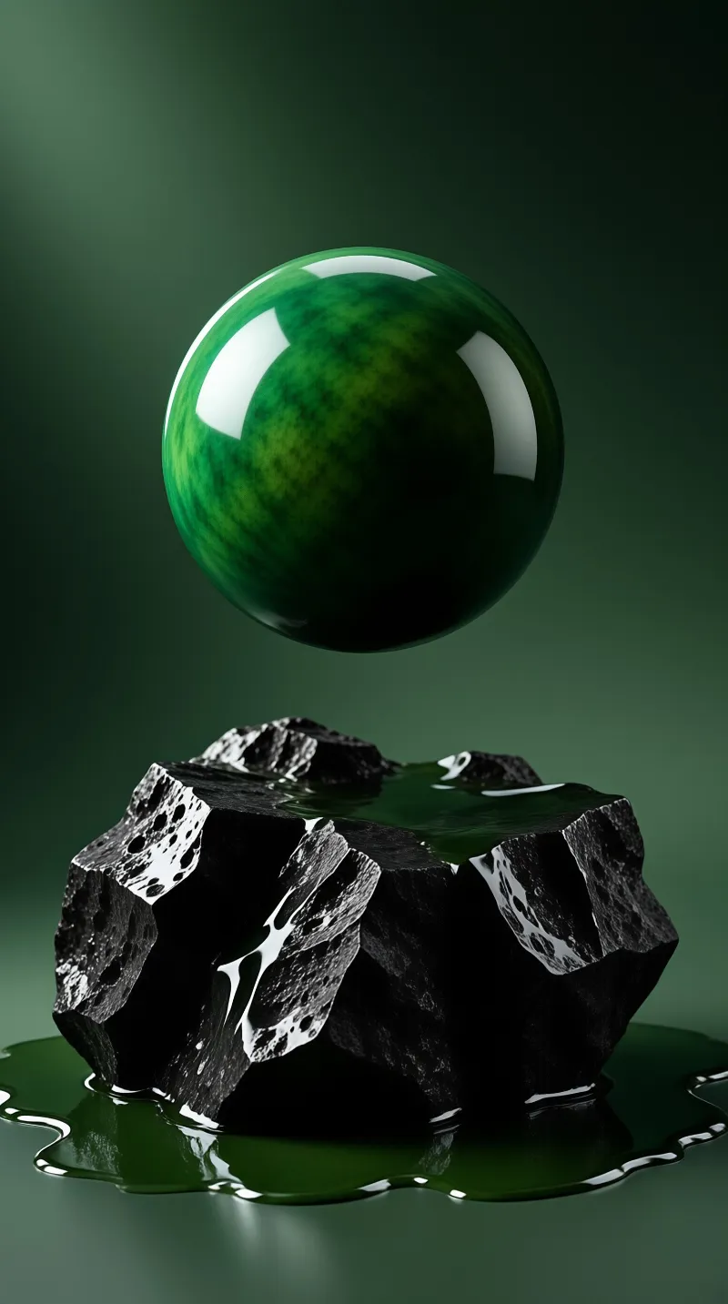 A shiny green sphere hovers above a rough black porous rock surrounded by dark liquid against a smooth green backdrop.