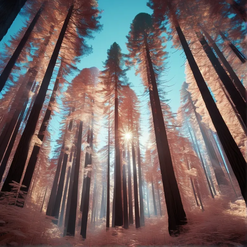 Massive redwood trunks stretch upwards towards a bright blue sky as golden sunlight filters through the forest canopy.