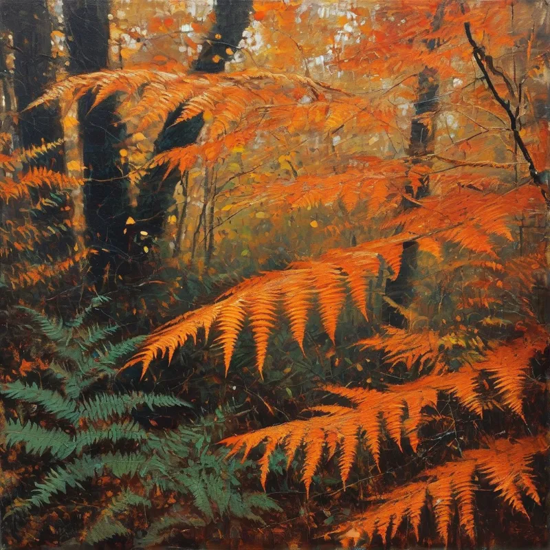 Vibrant orange ferns spread across a dark forest floor under dappled sunlight filtering through the trees.
