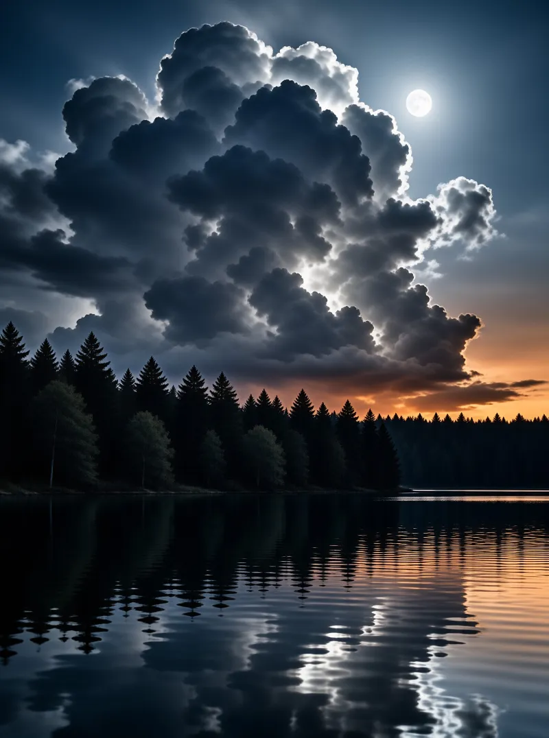 A massive cloud looms over a dark forest while a bright moon shines above the reflective lake surface.