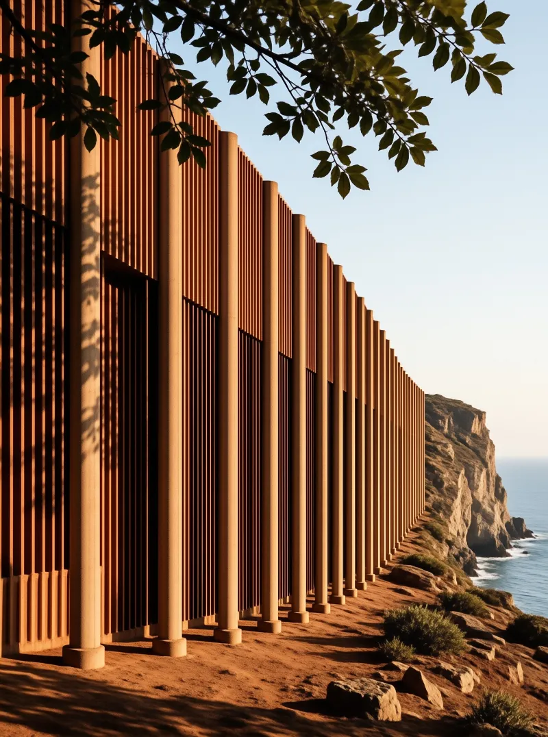 A series of tall reddish columns lines a cliffside path overlooking the ocean under warm sunlight.