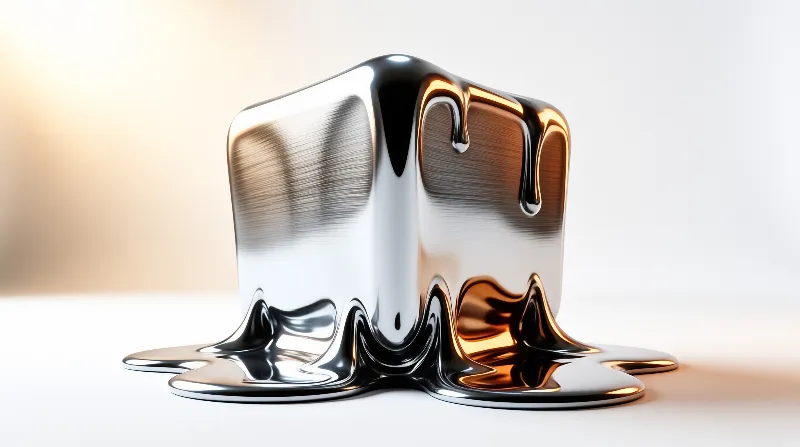 A polished metal cube melts at its base into a glossy silver pool that reflects warm amber studio light