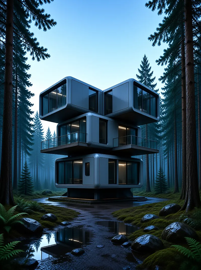 Three levels of rounded modular rooms with glowing windows stand among tall dark pines in blue evening mist.