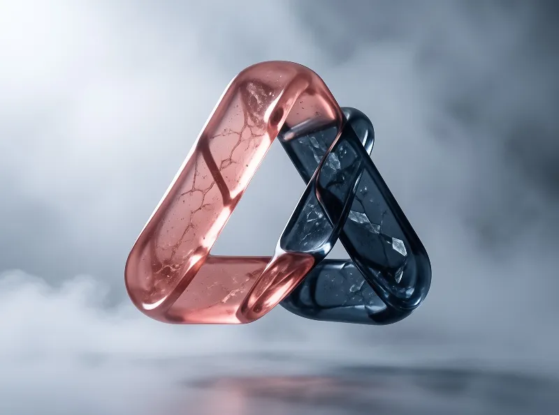 Two interlocking metal rings, one copper and one dark blue, hover against a soft cloudy sky with diffused lighting.