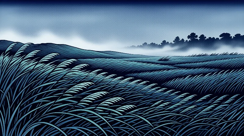 A stylized blue toned wheat field curves in rolling waves under a gradient dusk sky with fog veiling distant treetops.