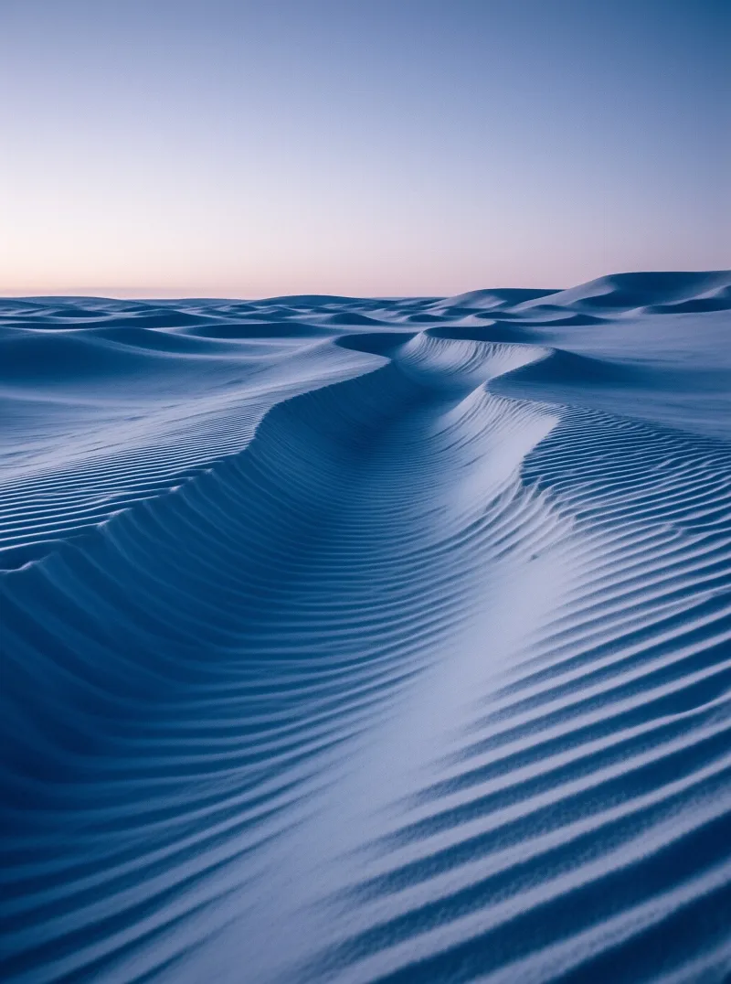 Wavy desert landscape bathed in cool blue tones with a gradient sky indicating dusk or dawn.