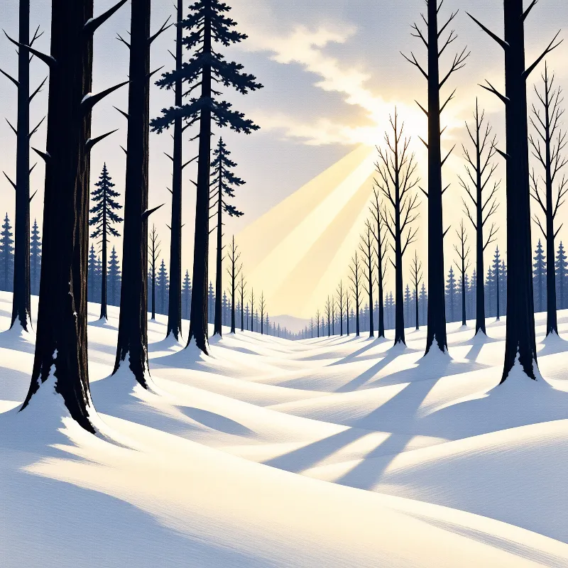 Stylized dark pine trees stand on rolling snow with golden sunbeams breaking through a pale sky