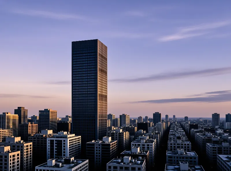 A sleek skyscraper reflects sunset hues while towering over surrounding residential blocks.