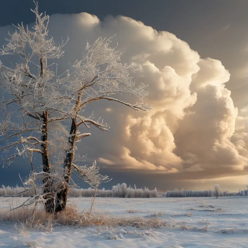 Frosty Tree Under Clouds