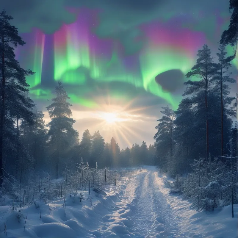 Aurora Over Snowy Conifer Forest