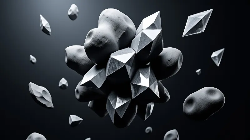 A grayscale composition displays shiny geometric crystals clustered with rounded smooth stones suspended in a dark void.