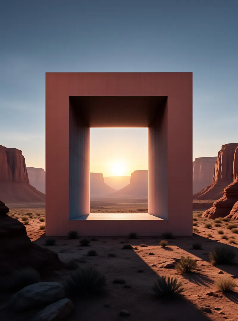 A large concrete archway stands in a desert landscape with the sun setting directly through its rectangular opening.