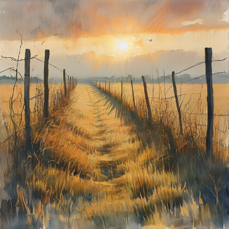 A fenced dirt path stretches to the horizon, warm golden sunset light casts long shadows across the dry grassy landscape.