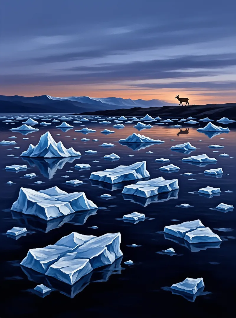 A lone deer stands on a dark ridge overlooking floating ice blocks in water beneath a twilight sky.