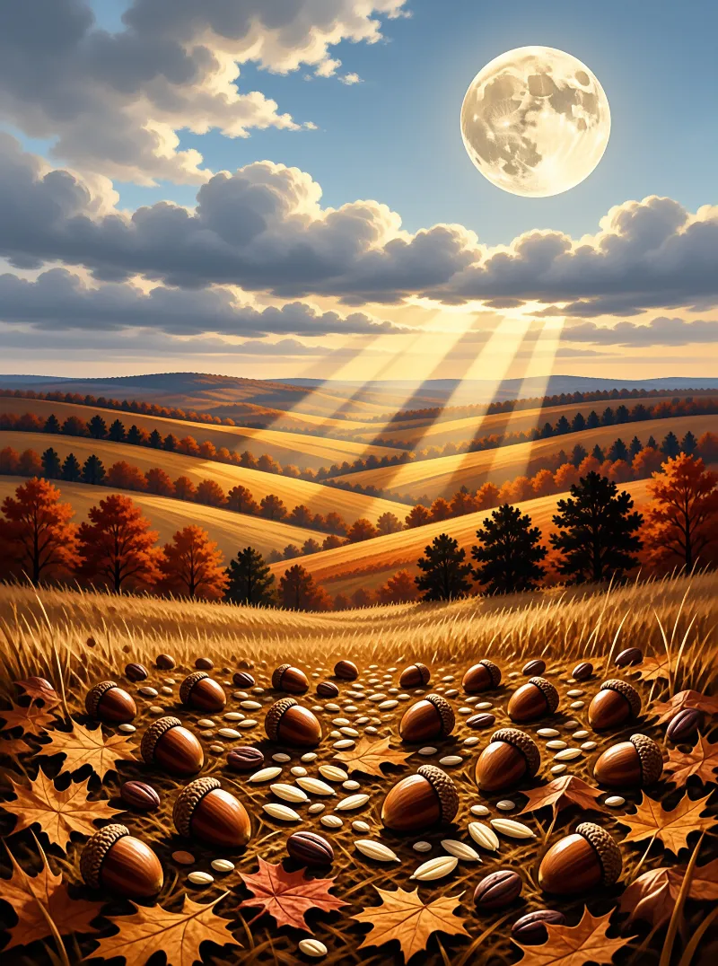Sunbeams pour over rolling orange hills beneath a pale moon while acorns and maple leaves dot the foreground.