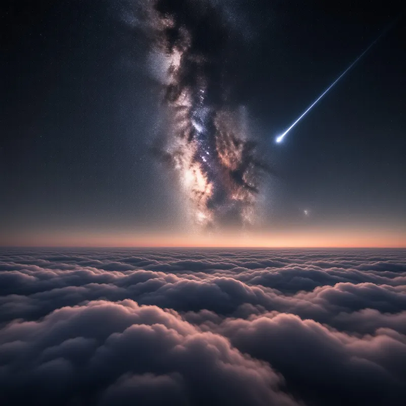 A shooting star streaks above a sea of purple clouds, with the Milky Way arching down to the dusk horizon.
