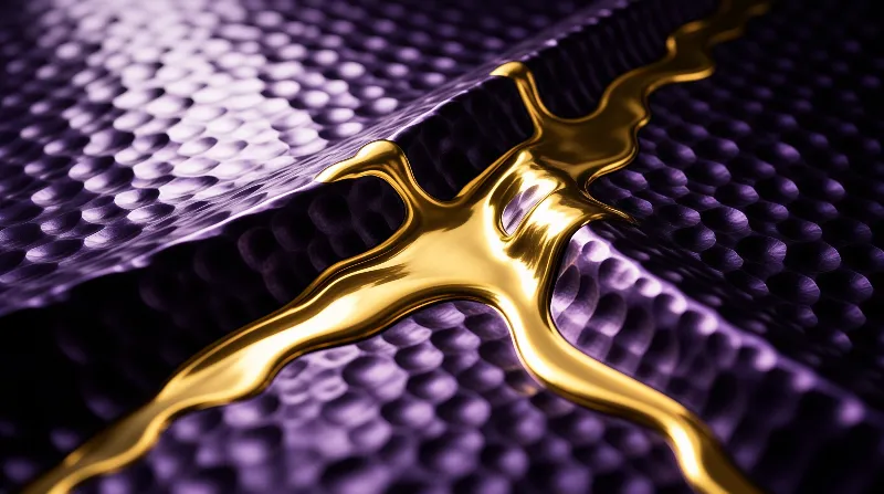 A shiny gold branching shape lies over a deep purple surface with regular dimpled indentations and soft directional lighting.